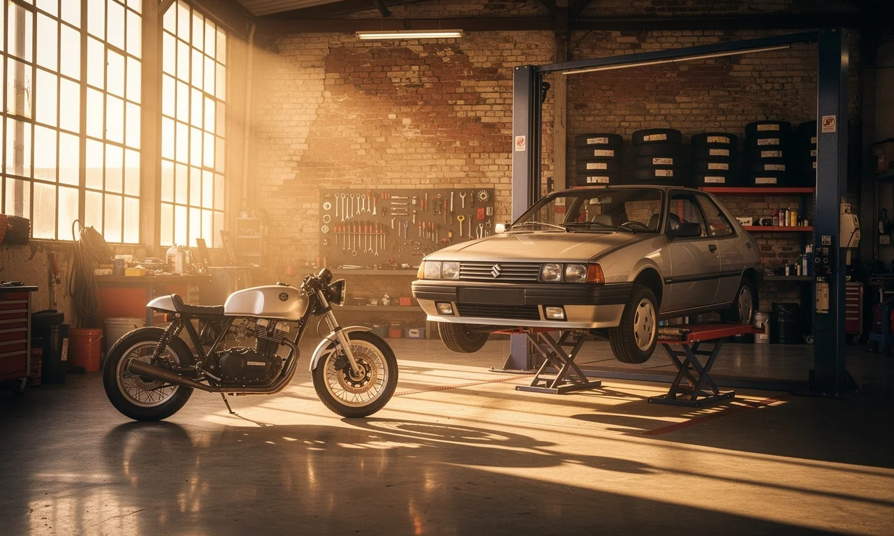 Atelier indépendant français à l'heure dorée, voiture sur pont et moto cafe racer en attente