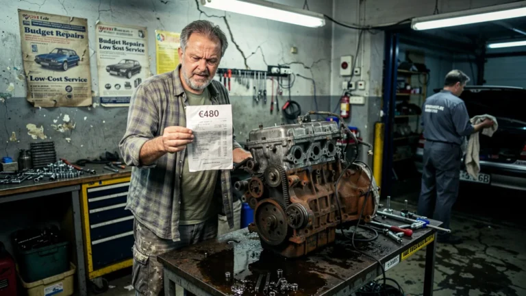 Homme déçu tenant une facture de 480 € dans un garage après une mauvaise expérience de révision économique