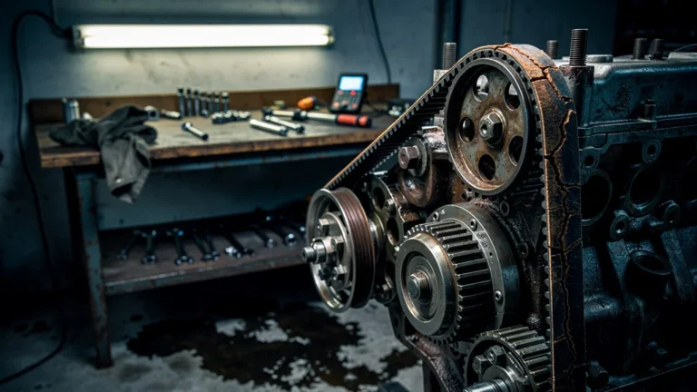 Courroie de distribution usée et moteur en gros plan dans un atelier automobile sombre et réaliste