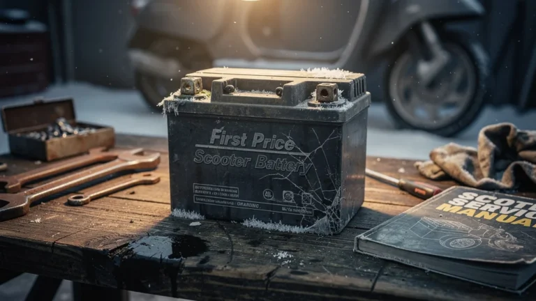 Batterie de scooter premier prix endommagée par un hiver rigoureux sur un établi d’atelier mécanique