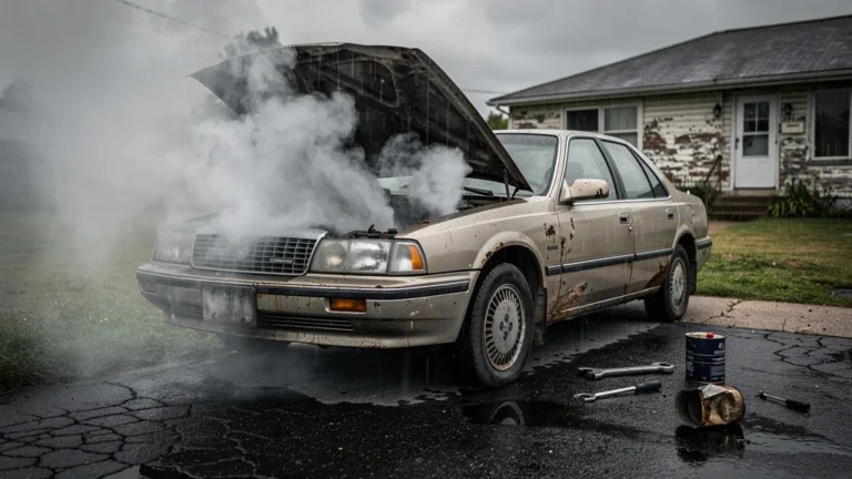 Voiture d'occasion fumante sur allée usée après achat sans essai à froid, ambiance réaliste et dramatique