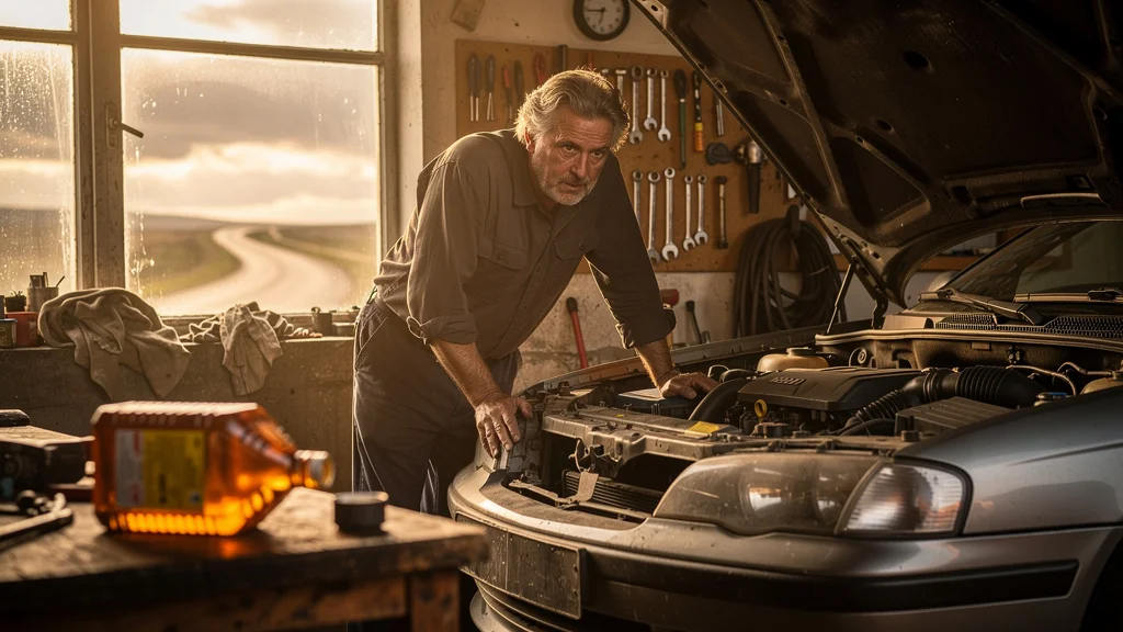 Mécanicien quinquagénaire examinant moteur après 5000 km avec huile bon marché, atelier réaliste