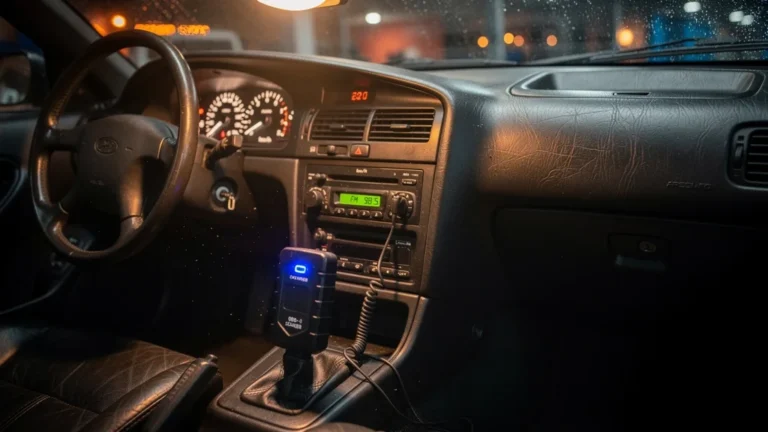 Photo ultra-réaliste d’une valise OBD à 40 € testée sur une vieille berline vintage en intérieur