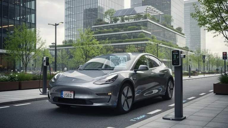 Voiture électrique d'occasion moderne en milieu urbain en 2026, illustration réaliste et détaillée