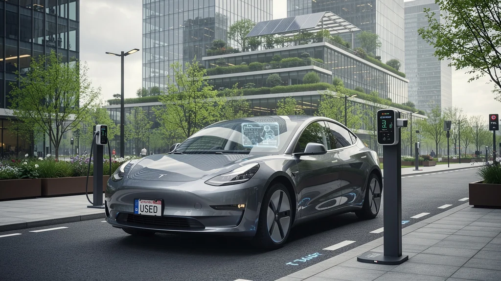 Voiture électrique d'occasion moderne en milieu urbain en 2026, illustration réaliste et détaillée