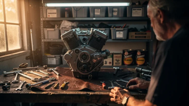 Garage détaillé avec moteur boxer remis à neuf et outils anciens, ambiance atelier mécanique réaliste