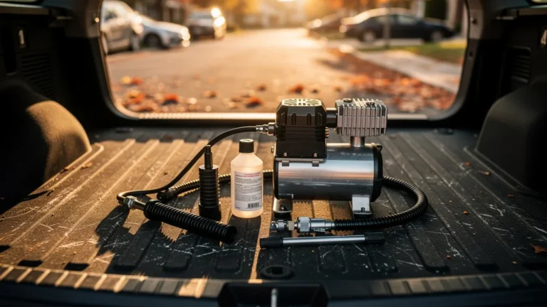 Comparaison kit anti-crevaison et compresseur dans coffre, image hyper-réaliste d’équipement auto