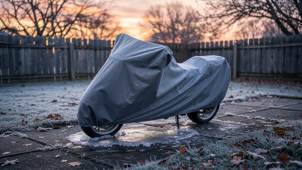 Housse de moto d'entrée de gamme couverte de givre après un hiver passé dehors