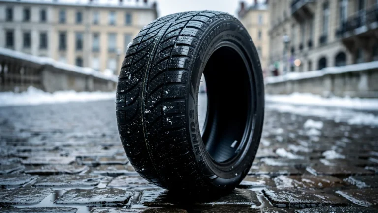 Pneu toutes saisons usé sur pavé humide à Lyon après deux hivers, illustration hiver urbain réaliste