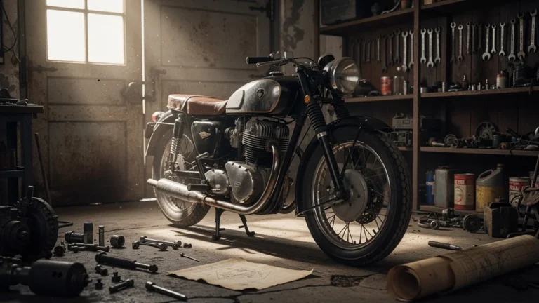 Moto refroidie par air vintage dans un garage ancien, symbole de mécanique classique après vingt ans moderne