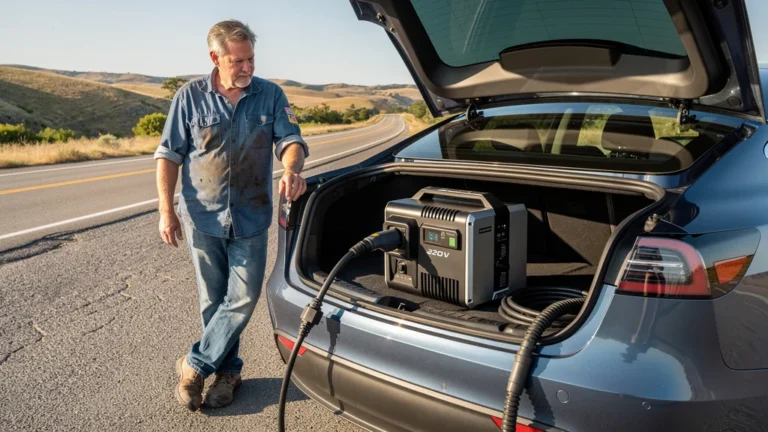 Chargeur portable 220 V pour voiture électrique en plein trajet sur route ensoleillée avec un mécanicien expérimenté