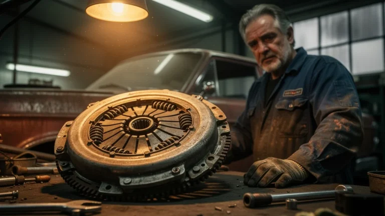 Clutch slipping warning visible sur un embrayage usé dans un garage ancien avec mécanicien regretful