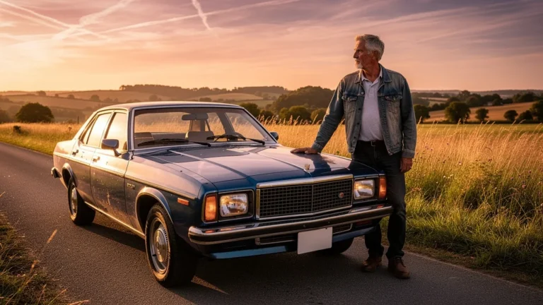 Vieux diesel bien entretenu sur route de campagne avec homme de 52 ans, symbole endurance et mécanique
