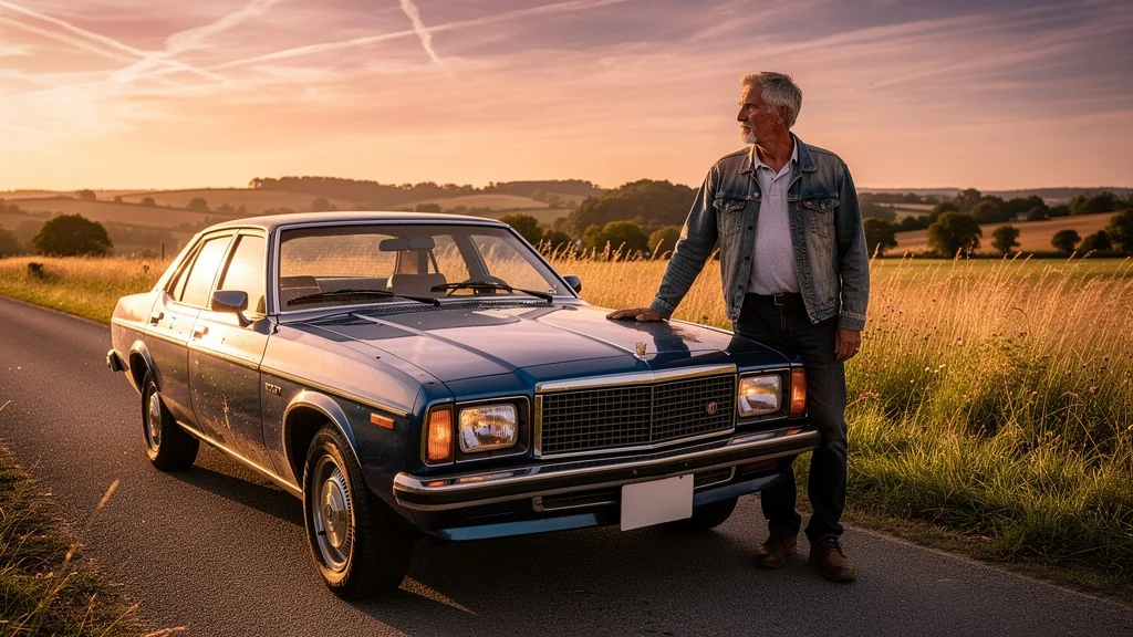 Vieux diesel bien entretenu sur route de campagne avec homme de 52 ans, symbole endurance et mécanique